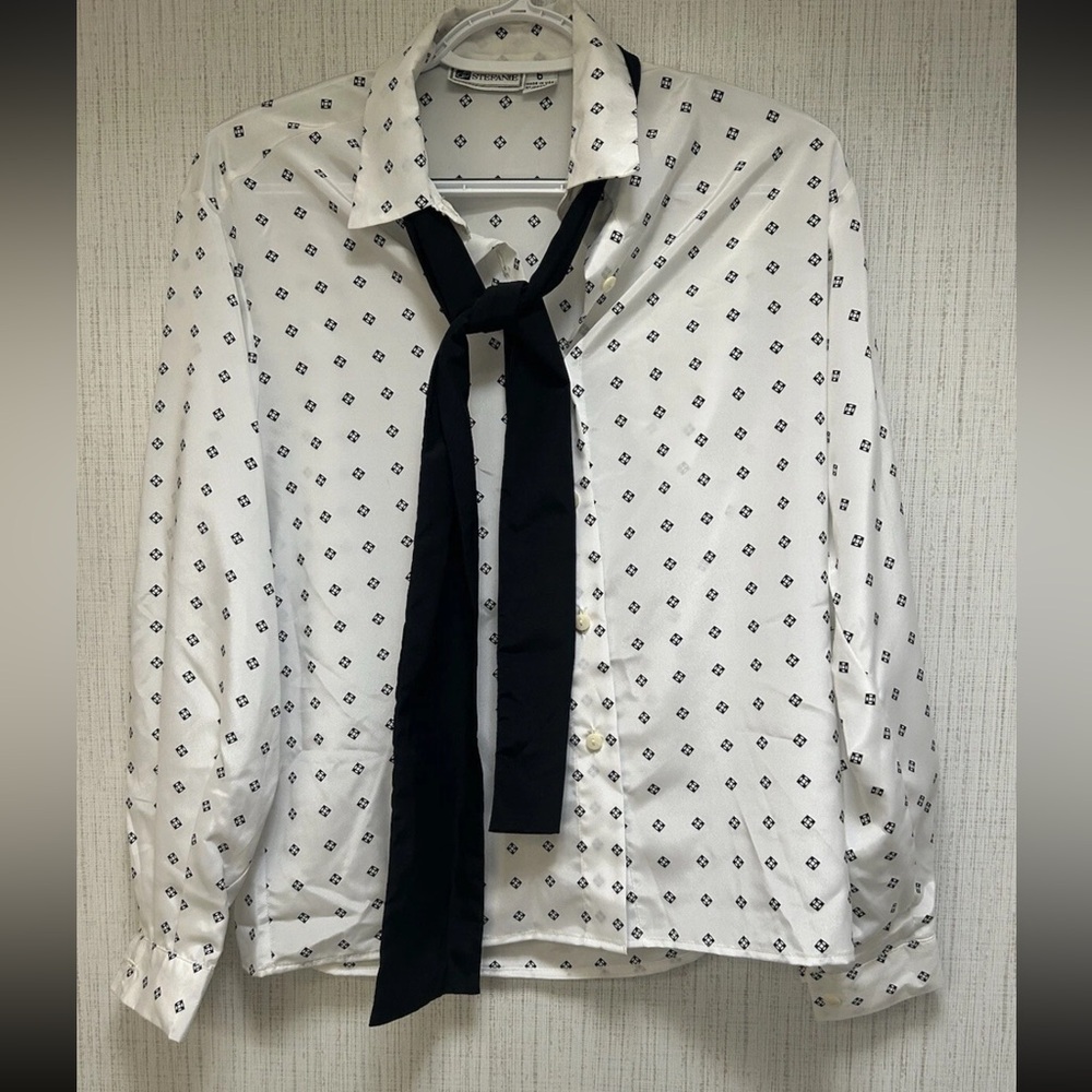 Stefanie Vintage Button Up Down White Diamond Printed Blouse Top Preppy
